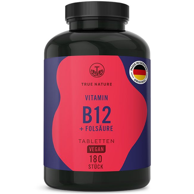 Vitamin B12 & Folat Tabletten Gesundheit > Vitamine & Nahrungsergänzungsmittel > Vitamine > Spezielle Vitamine für Veganer > Vitamin B12 + Folat Tabletten True Nature 6 Monate