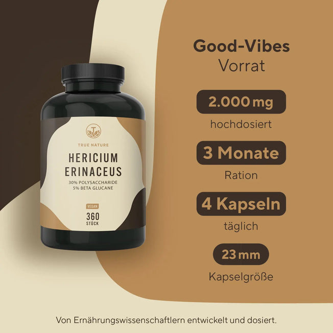 Hericium Erinaceus (Lions Mane) Kapseln Gesundheit > Vitamine & Nahrungsergänzungsmittel > Pflanzliche Nahrungsergänzungsmittel > Vitalpilze > Lion’s Mane (Hericium) Kapseln True Nature