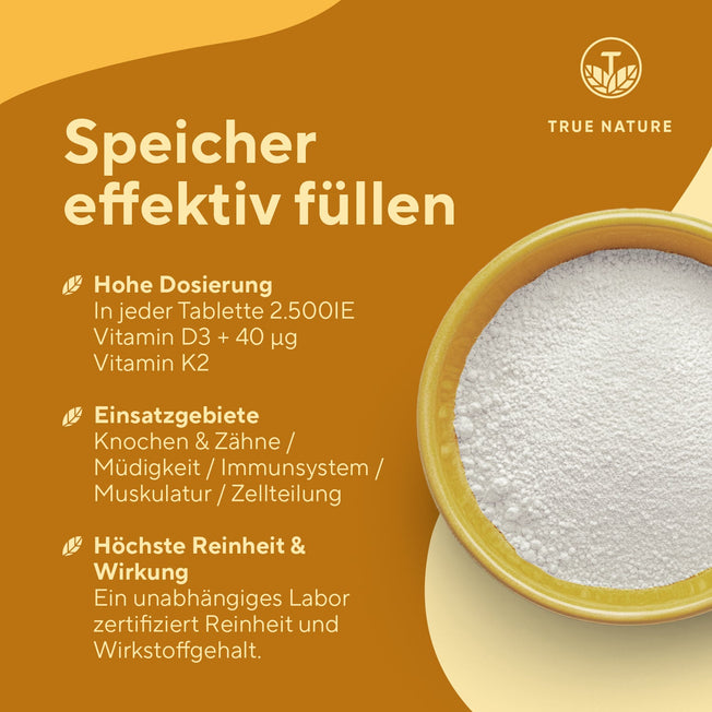 Vitamin D3 + K2 Tabletten Gesundheit > Vitamine & Nahrungsergänzungsmittel > Vitalität & Immunsystem > Vitamine > Vitamin D Nahrungsergänzungsmittel > Vitamin D3 + K2 Tabletten True Nature