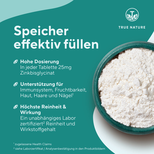 Zink Bisglycinat Tabletten Gesundheit & Schönheit > Vitamine & Nahrungsergänzungsmittel > Vitalität & Immunsystem > Immununterstützung > Hoch bioverfügbare Mineralstoffe > Zink Bisglycinat Tabletten True Nature
