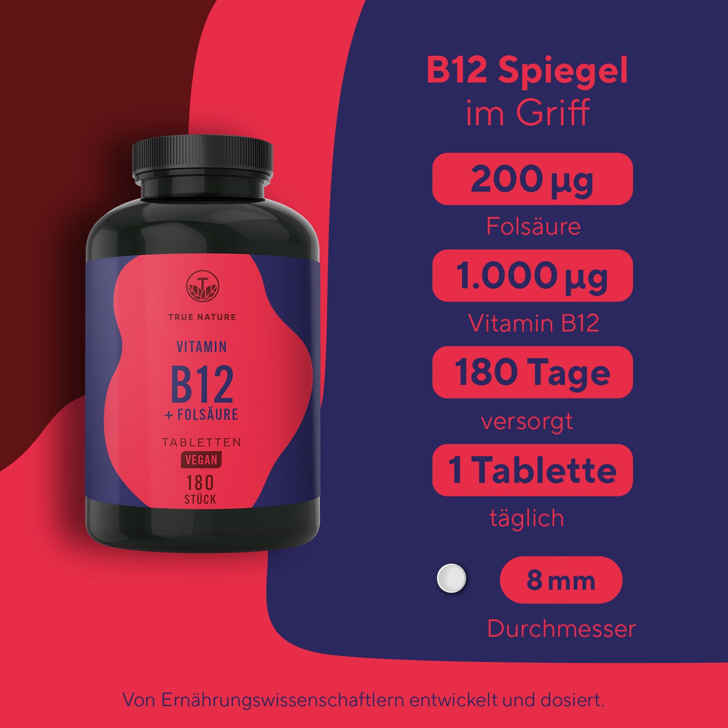 Vitamin B12 & Folat Tabletten Gesundheit > Vitamine & Nahrungsergänzungsmittel > Vitamine > Spezielle Vitamine für Veganer > Vitamin B12 + Folat Tabletten True Nature