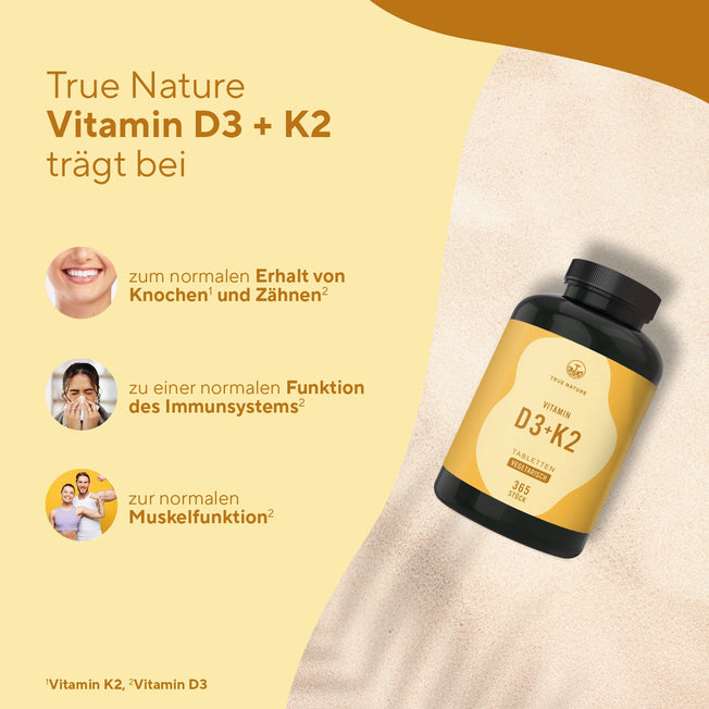 Vitamin D3 + K2 Tabletten Gesundheit > Vitamine & Nahrungsergänzungsmittel > Vitalität & Immunsystem > Vitamine > Vitamin D Nahrungsergänzungsmittel > Vitamin D3 + K2 Tabletten True Nature