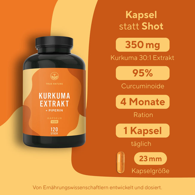 Kurkuma Extrakt Kapseln Gesundheit > Vitamine & Nahrungsergänzungsmittel > Sport & Gelenke > Gelenkunterstützung > Entzündungshemmende Pflanzenstoffe > Curcuma Extrakt & Piperin Kapseln True Nature